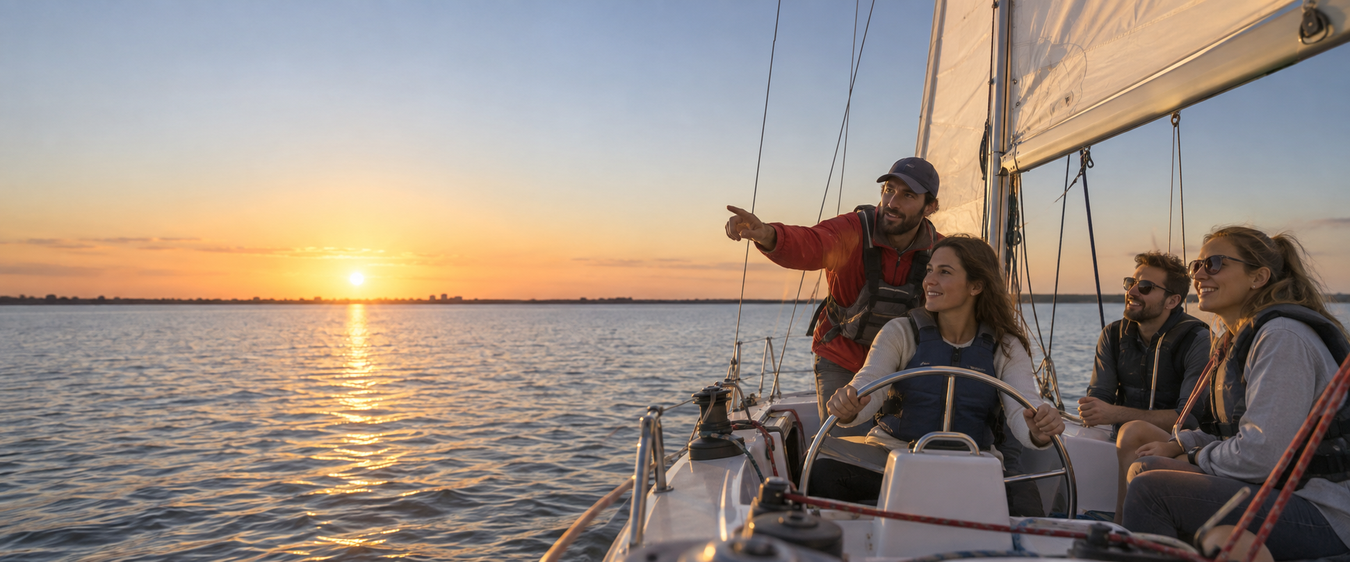 Grupo navegando en velero al atardecer